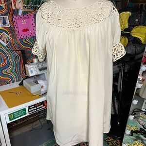 Silk blouson knee length babydoll dress with lace trim